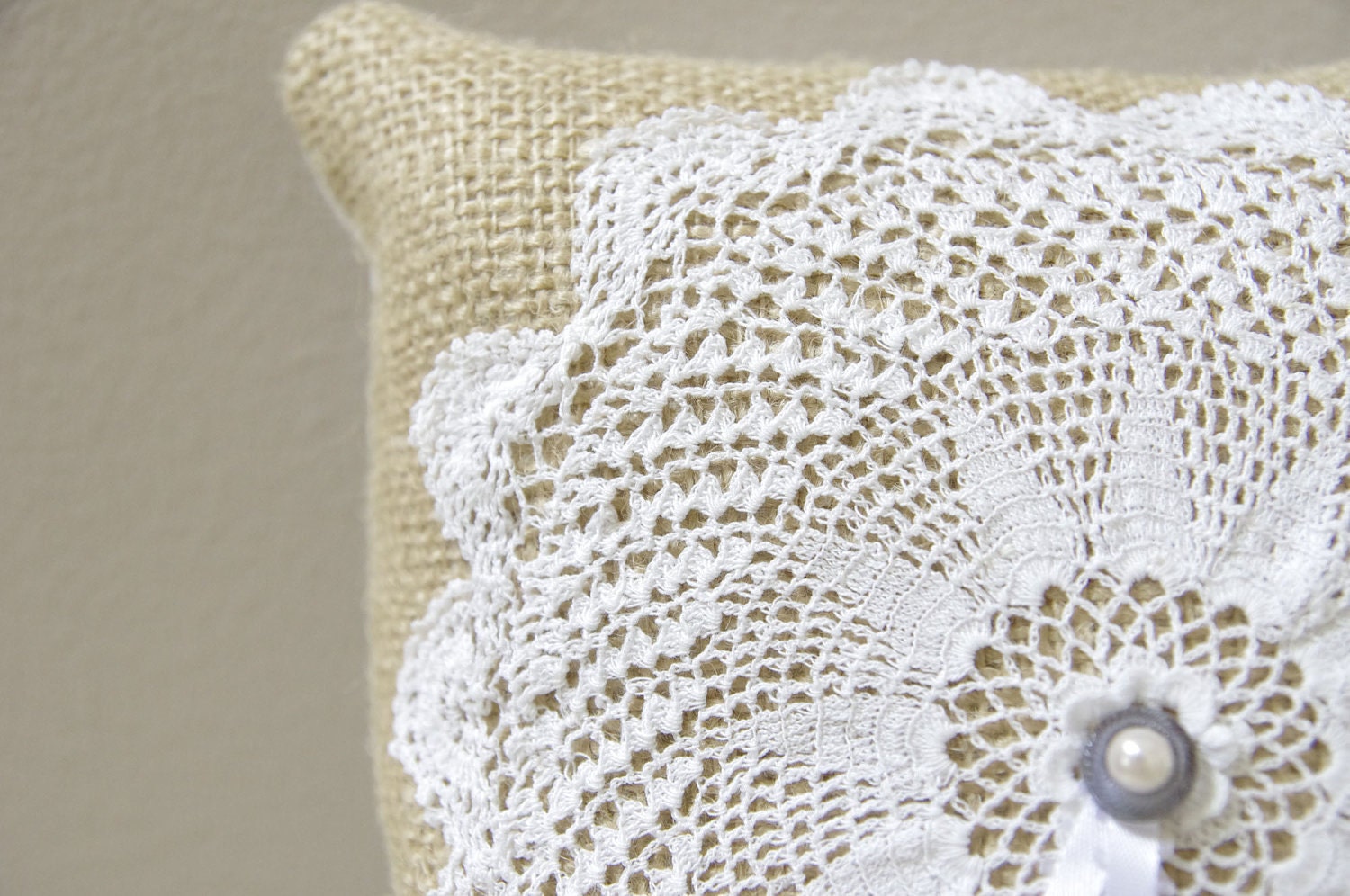 Doily Ring Bearer Pillow - Burlap pillow with white vintage doily with something blue pearl accent