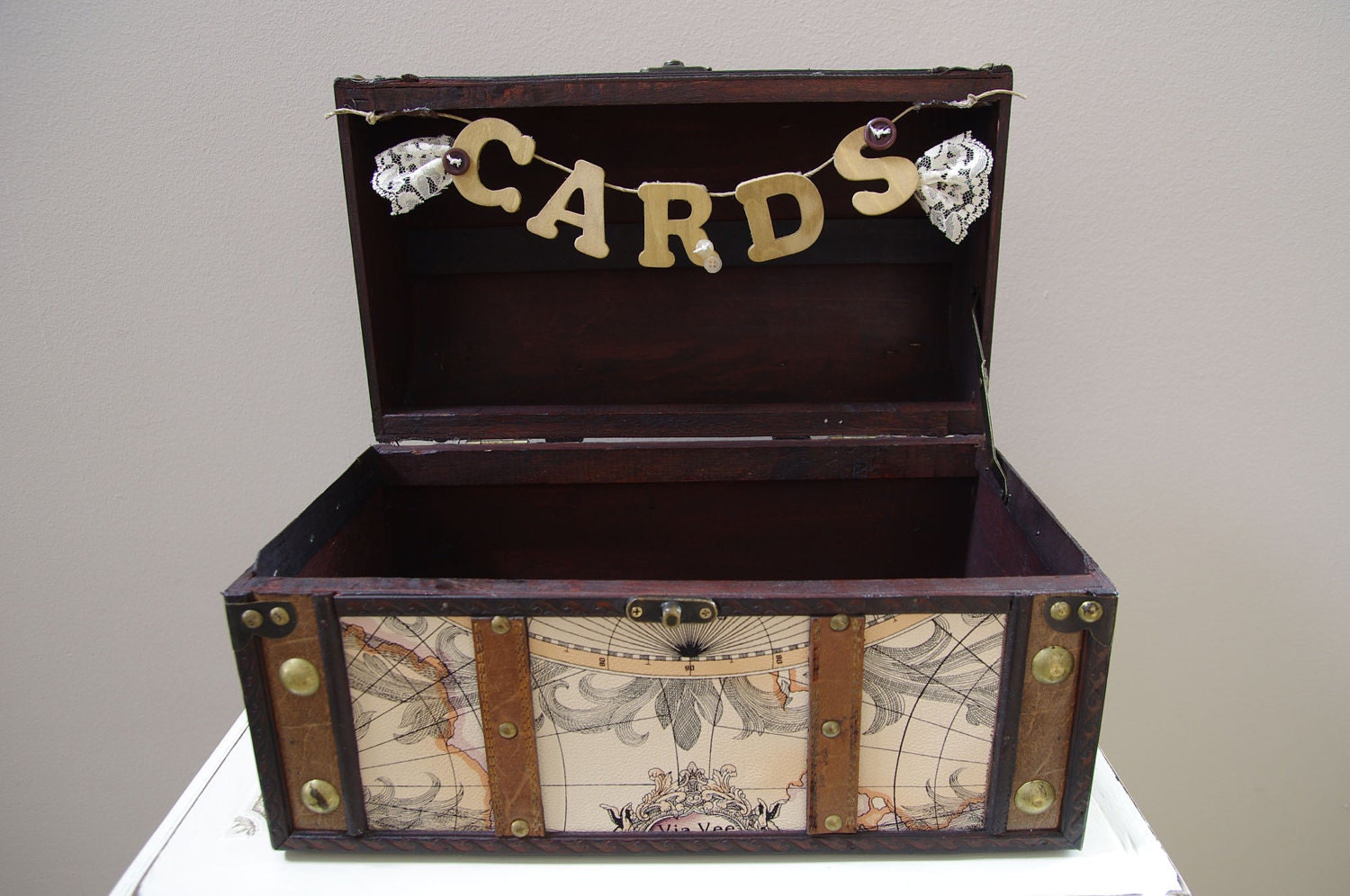 Large Trunk with Map - Wedding Card Box - Travel Themed, Vintage Style