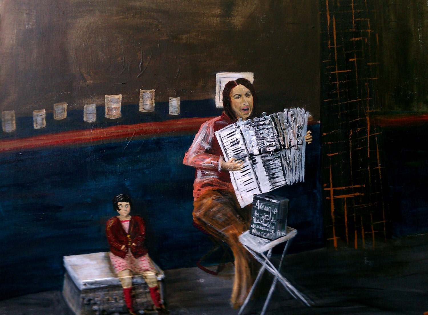 Mother who busks-ORIGINAL acrylic on canvas- accordian player