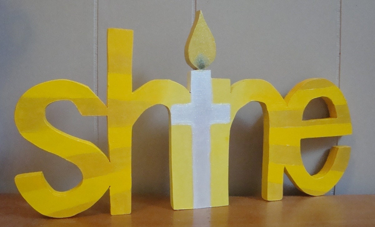 SHINE hand cut Letters - Cross and Candle Sparkle with Glitter and Yellow Shades Glow