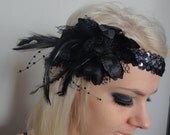 1920s black flower feather flapper headband races  PRE ORDER