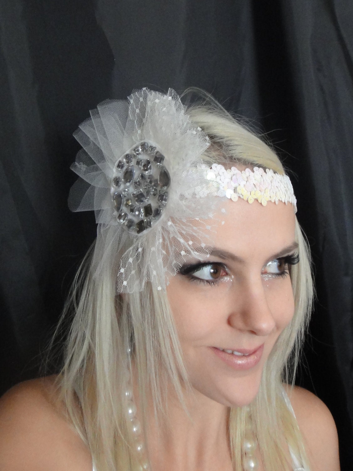 SALE 1920s White Headband with Tulle & Gemstones