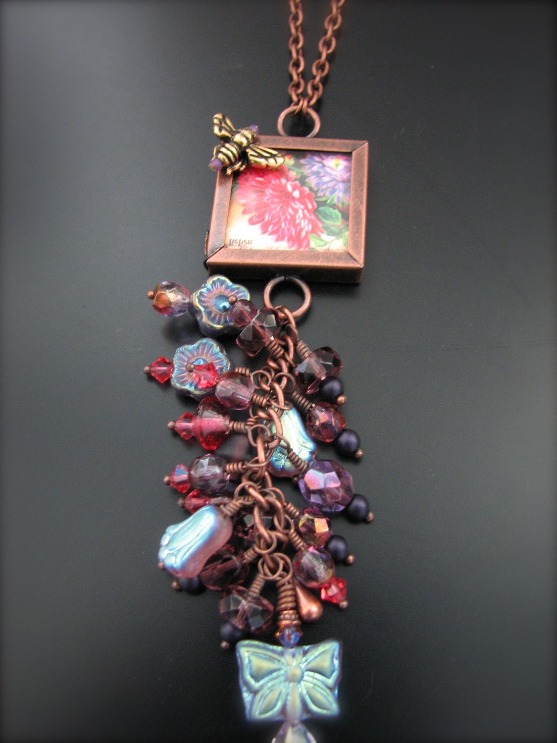 Chrysanthemum Flower Bee Beaded Memory Frame Necklace Copper Accents and Chain