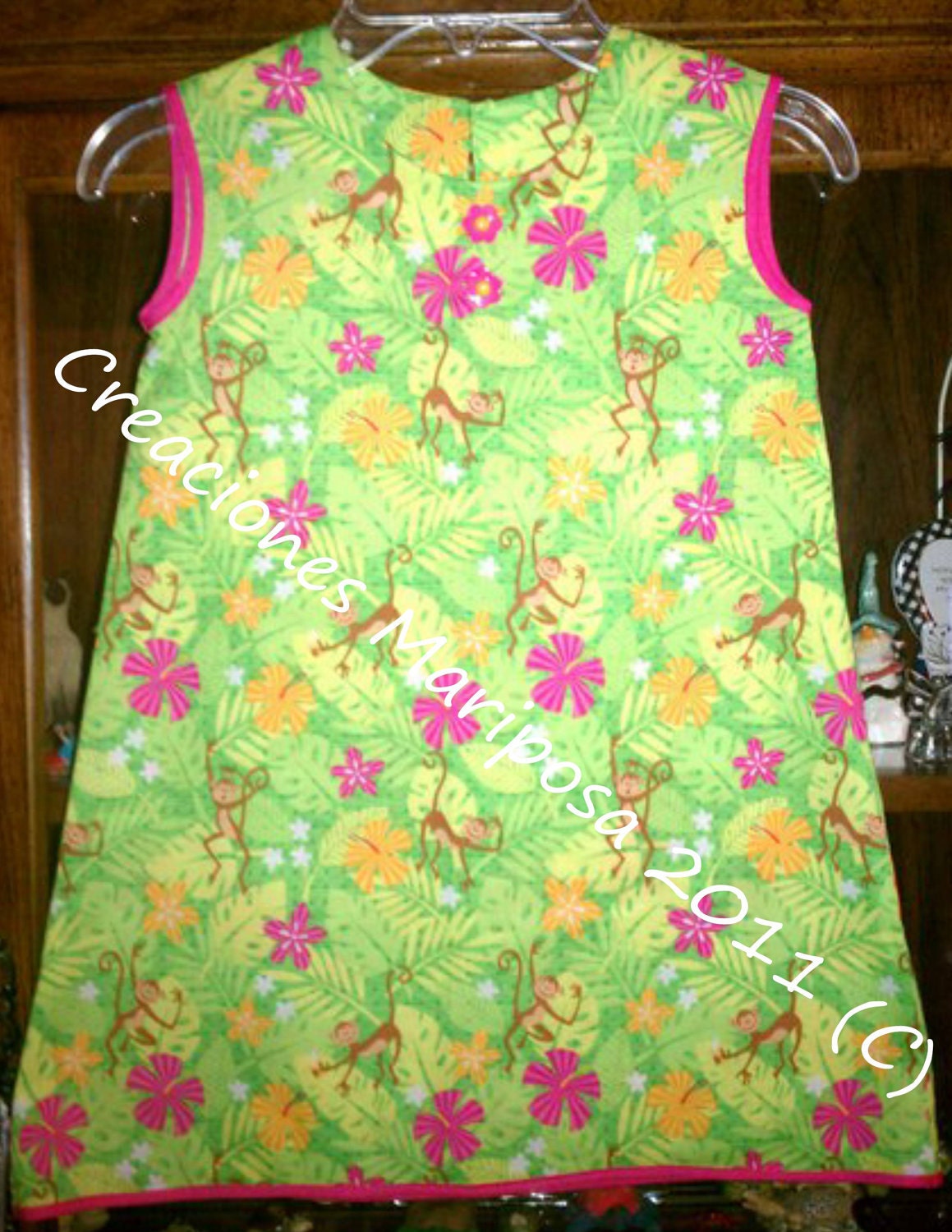 Dress Monkey 2T/3T Summer Girls Tank Style Green Pink Yellow Orange Monkies Ferns Flowers Palm Tree 00394