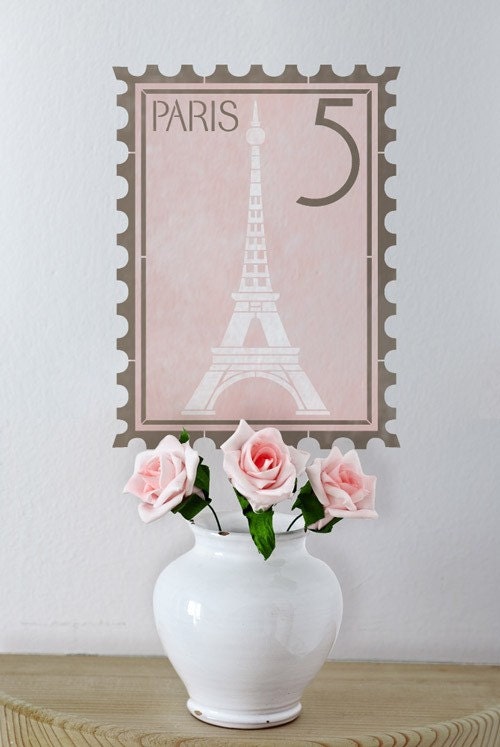 Wall Stencil Pattern Paris Postage Stamp for Vintage Wall Decor