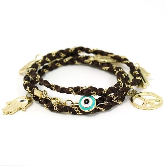 Lucky Evil Eye Hamsa Hand Charm Bracelet or Necklace - Brown
