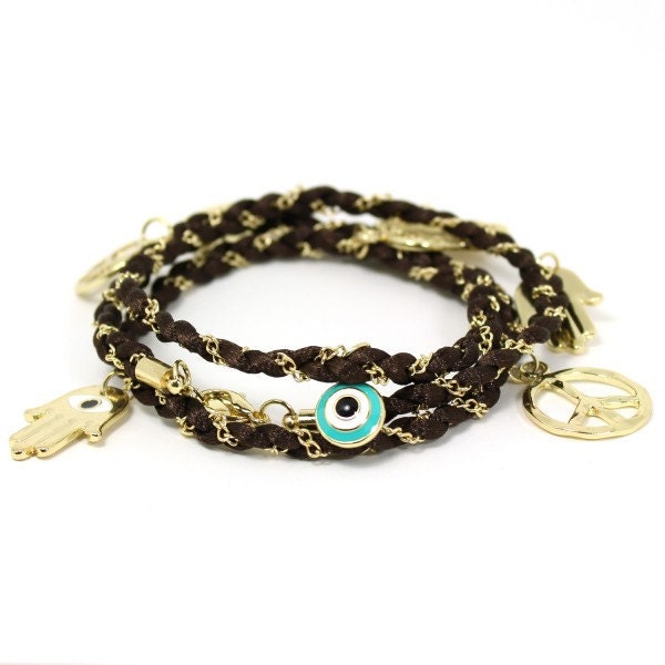Lucky Evil Eye Hamsa Hand Charm Bracelet or Necklace - Brown