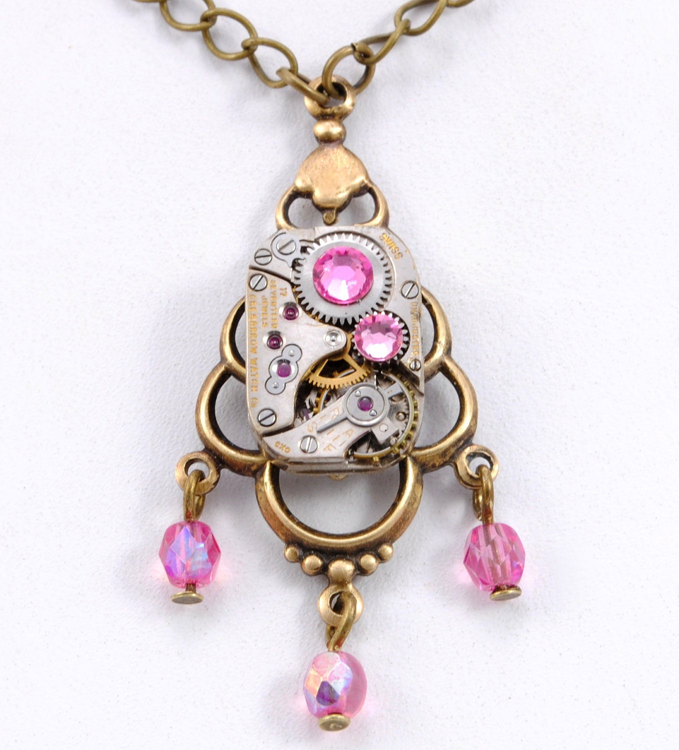 Steampunk Jewelry Necklace Steampunk Vintage Watch Necklace Pink October Birthstone Antique Brass Steampunk Jewelry by Victorian Curiosities
