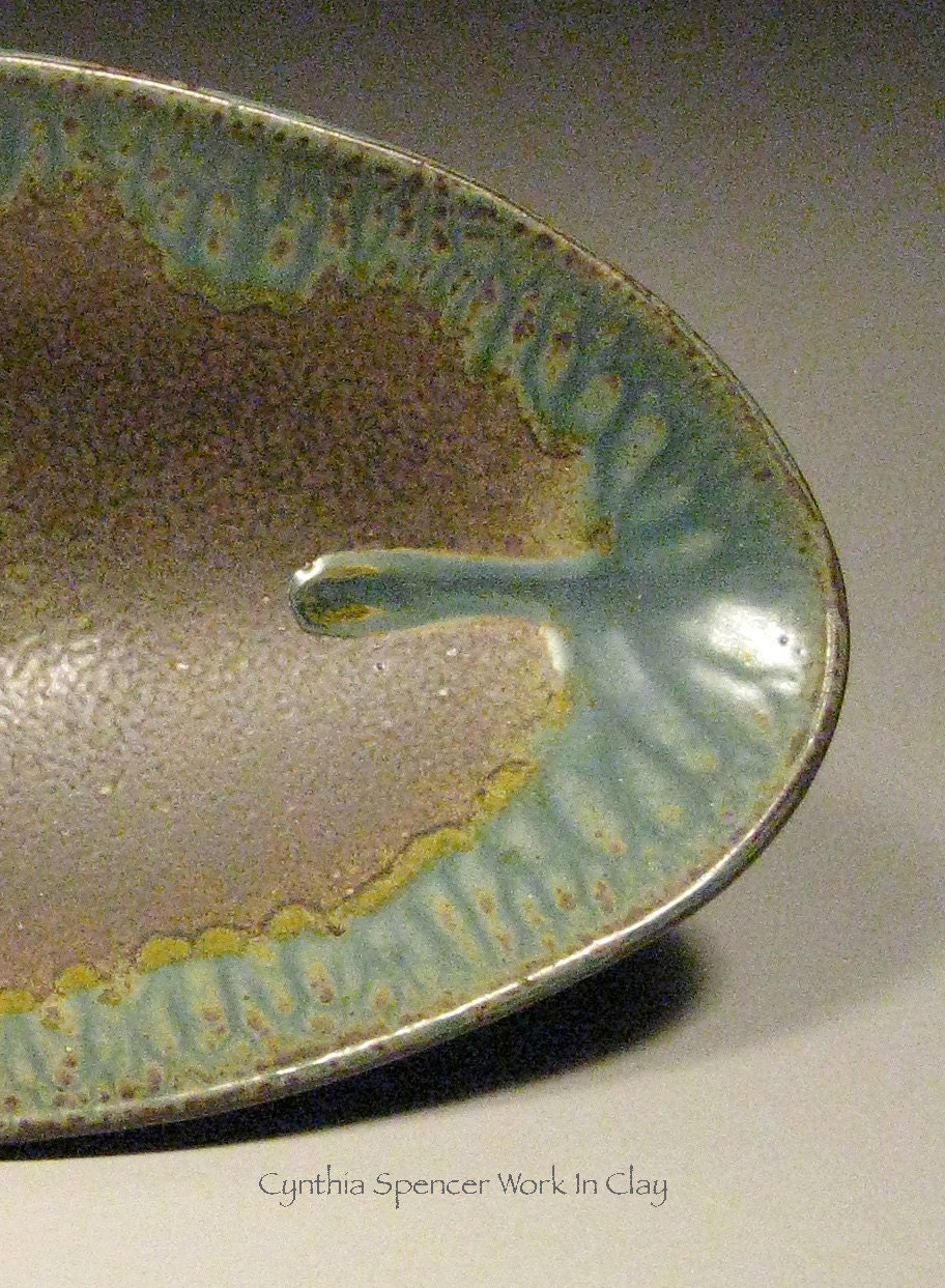 Blue Green Oval Pedestal Serving Dish