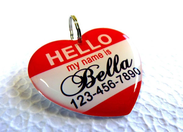 Pet Tag Pet ID Tag Dog Tag Custom Name Tag Heart Shape Hello My Name Is by ID4Pet