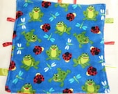 15 inch CUDDLE BLANKET. Frog Ultra Cuddly. Red Minky. Ribbon tags - AuntMsCreations