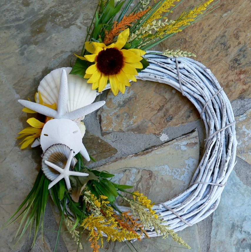 Sunflowers-Shells Beachy Wreath