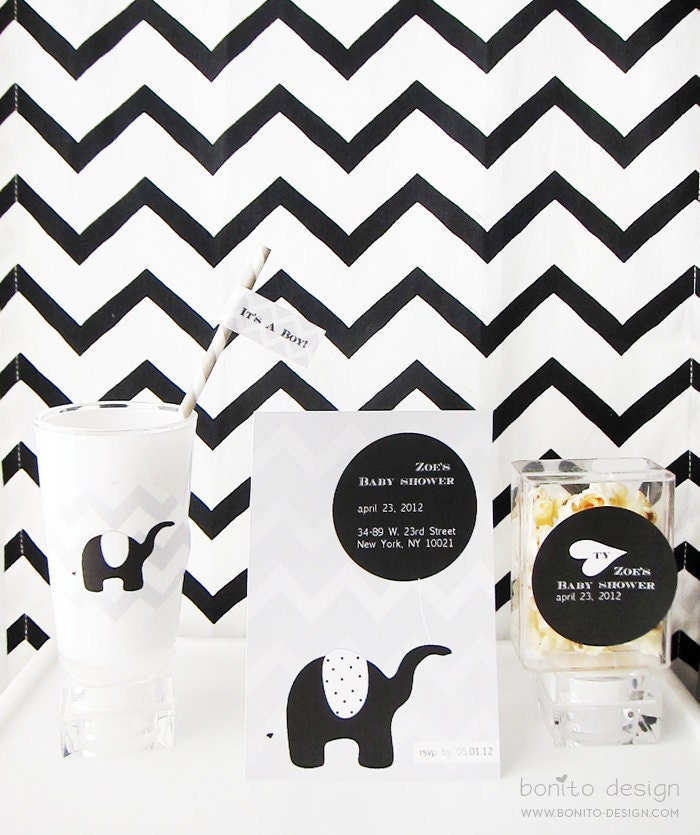 Elephant Theme: Chervon & Polka Dot Invitation and Party Labels - bonito design
