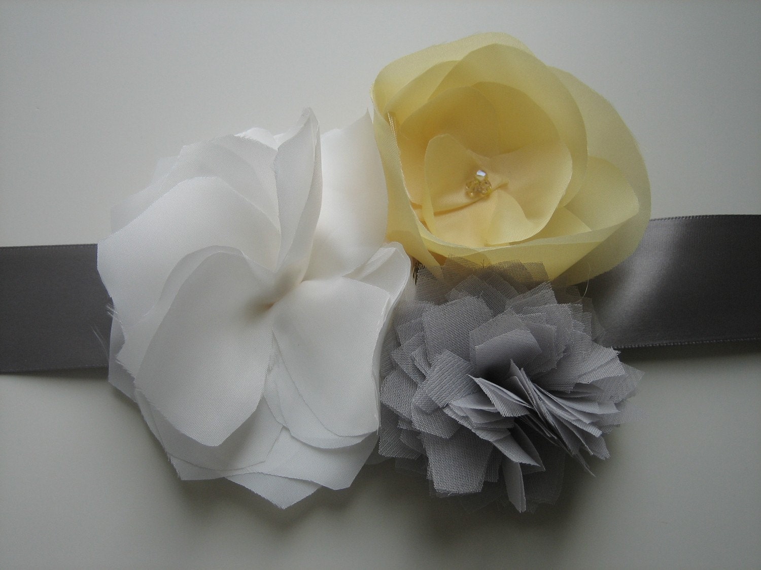 Handmade Flower Wedding Dress Sash in grey, yellow and white