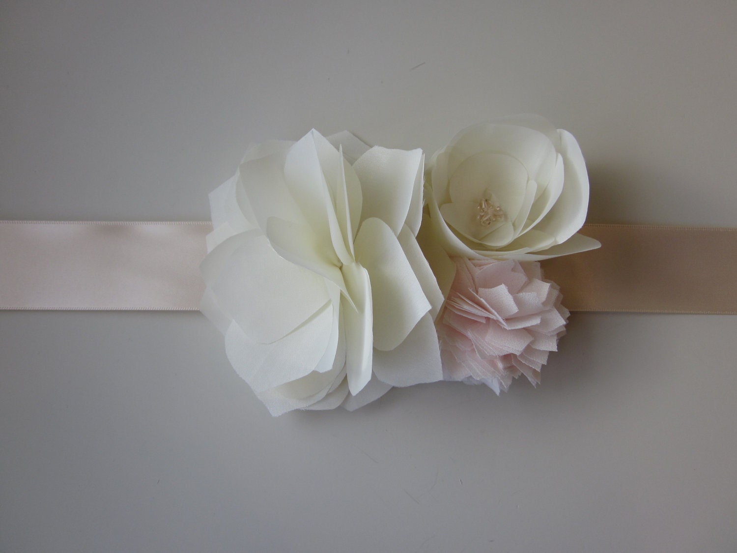 Handmade Flower Wedding Dress Sash in Ivory and Pink