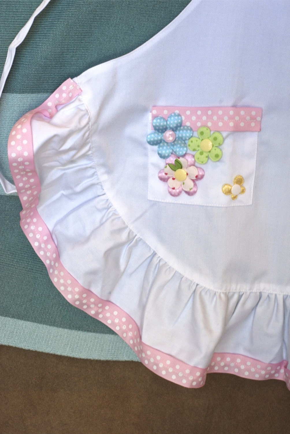 My First Apron - Personalized "White Garden" child apron or artist smock with flower and butterfly appliques
