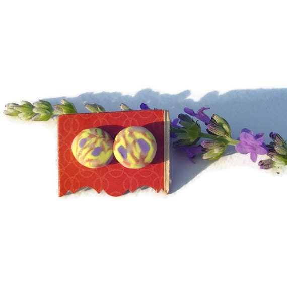 Titanium stud earrings. purple and yellow earrings. polymer clay earrings