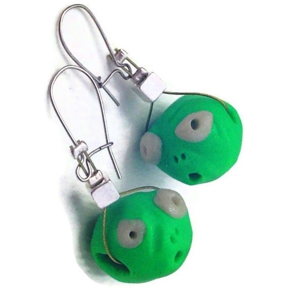 Green alien earrings. polymer clay geek jewelry