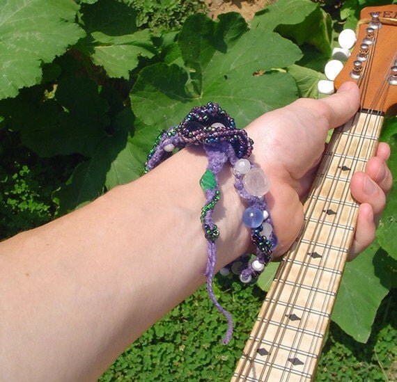 Macrame hemp bracelet. blue sea glass beaded bracelet with sugar skull, rose quartz and black velvet flower