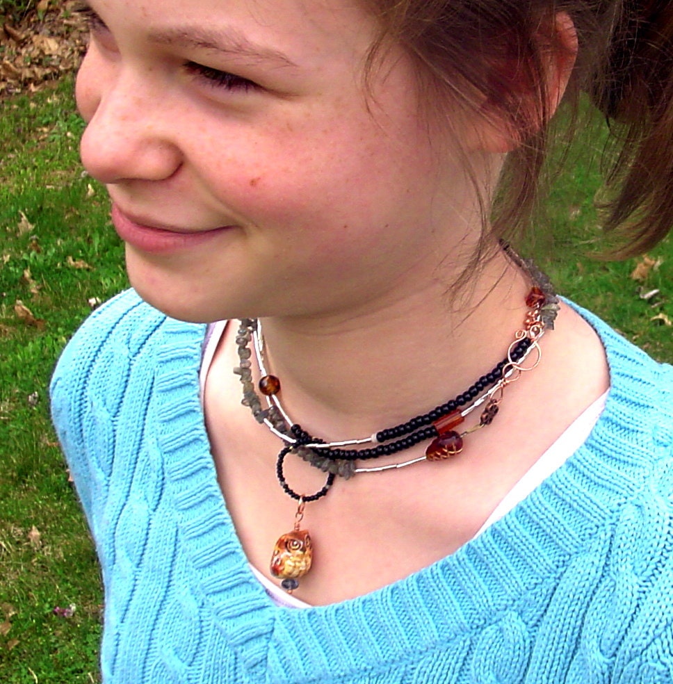 Totem owl necklace, beaded necklace. owl pendant necklace