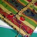 Beaded clutch purse. multi colored jacquard fabric purse.