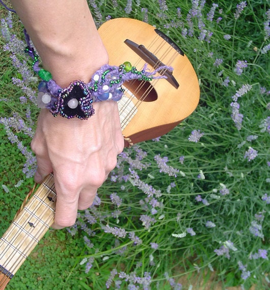 Macrame hemp bracelet. blue sea glass beaded bracelet with sugar skull, rose quartz and black velvet flower