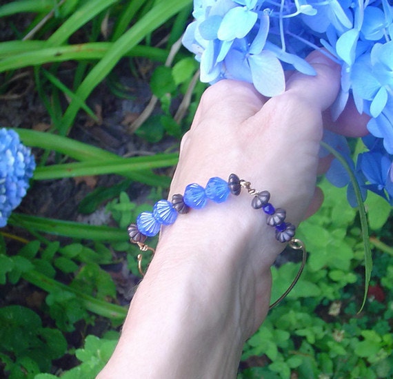Bronze bracelet. blue glass beaded bracelet. brass bar bracelet with blue Czech glass beads