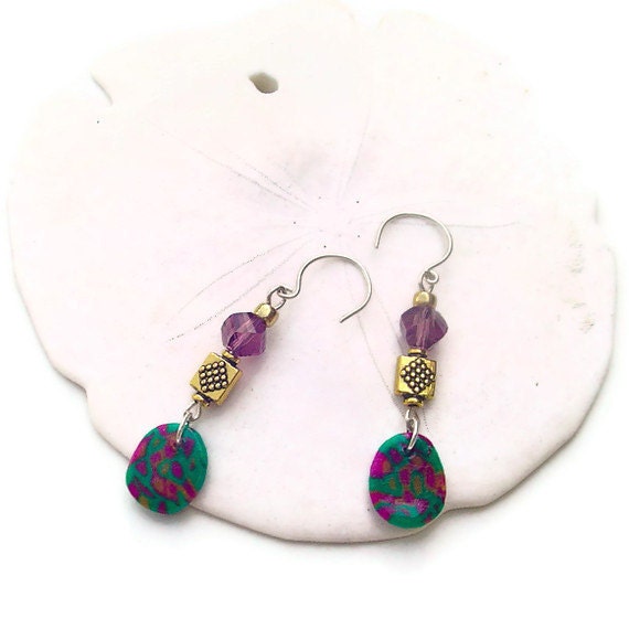 Purple and green earrings. polymer clay earrings. sterling silver crystal beaded earrings