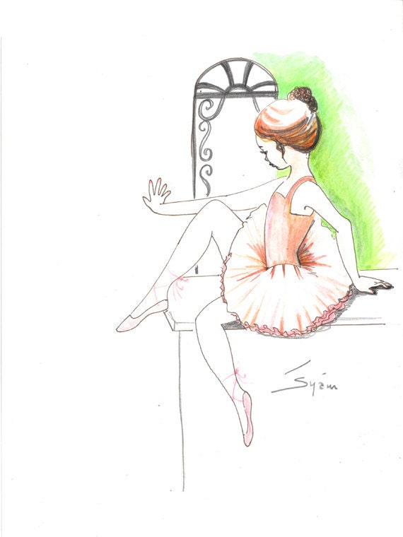 Original pen drawing with watercolor..The little ballerina in Italy, ballet art, ballerina, girl in tutu, painting, ink sketch
