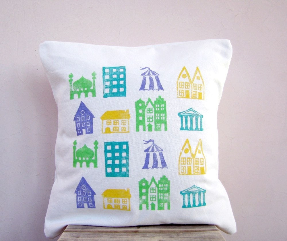 Kid's throw pillow, colorful houses print, eco friendly childrens cushion, nursery decor pillow