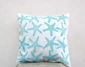 Aqua throw pillow: starfish print in aqua turquoise on white organic cotton nautical pillow cushion cover, beach cottage decor - EarthLab