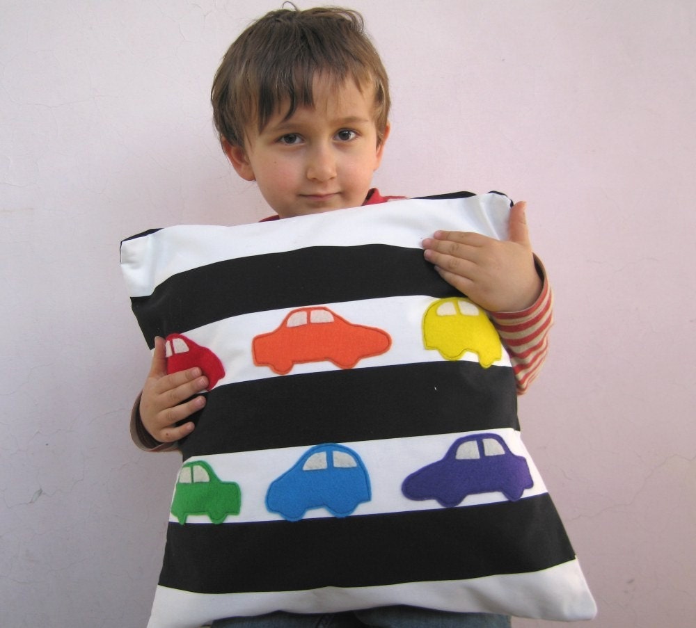 Nursery decor: kids pillow cover - rainbow cars on black and white stripes, nursery pillow, great baby shower gift