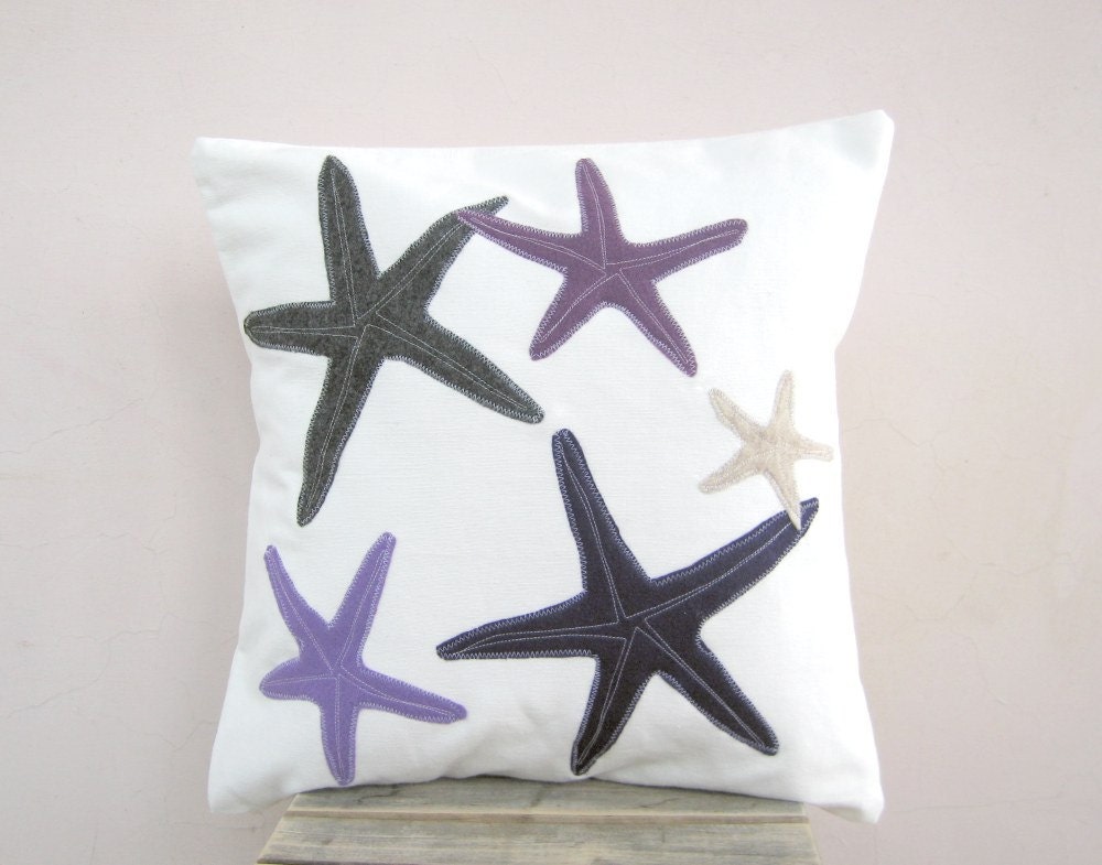 Throw pillow purple, grey, mauve, and plum starfish on white organic cotton, beach cottage decor
