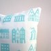 Aqua throw pillow - little houses printed in aqua on white cotton pillow cushion cover, great nursery decor
