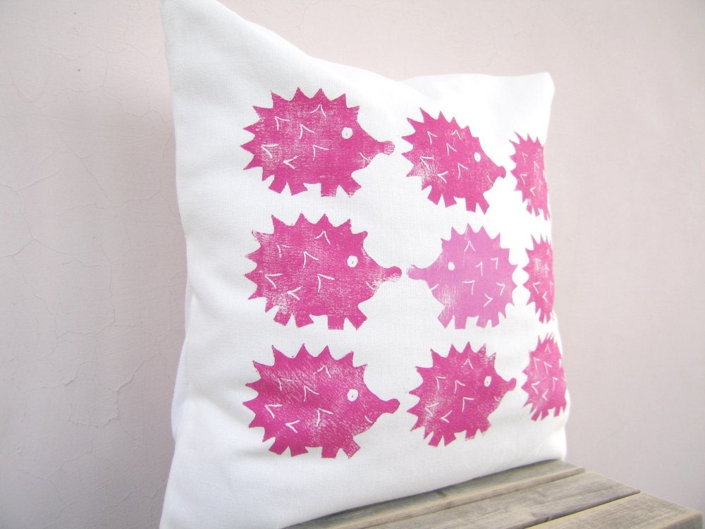 Pink throw pillow - hedgehog print in raspberry pink - great woodland nursery pillow, kids pillow