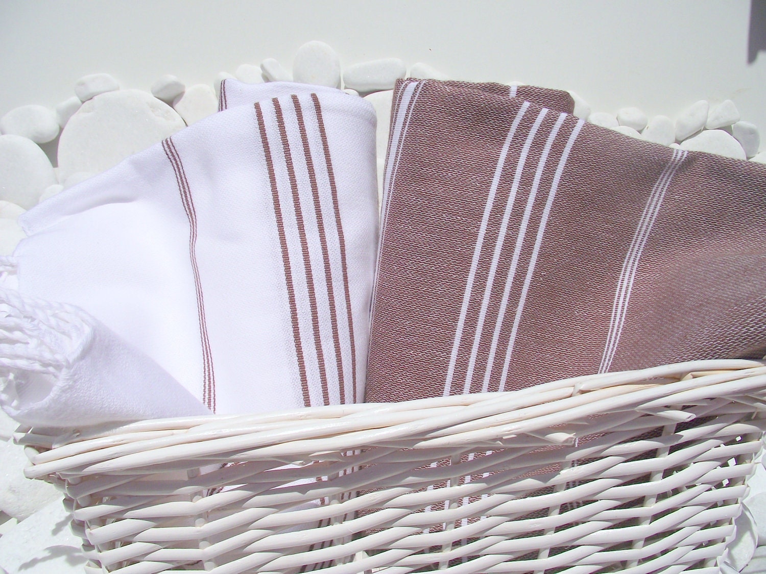 Set of 2-High Quality Hand Woven Turkish Cotton Bath,Beach,Pool,Spa,Yoga,Travel Towels or Sarong-Brown and White Stripes