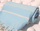 Turkishtowel-High Quality Hand Woven Turkish Cotton Bath,Beach,Spa,Yoga Towel or Sarong-Natural Cream Stripes on Turquoise
