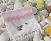 Soft,High Quality,Hand Woven,Turkish Cotton Bath Towel or Sarong-Pink Stripes on White