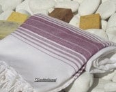 Soft Best Quality ,(PESHTEMAL)Hand Woven Turkish Cotton Bath Towel or Sarong-Purplish Burgundy Stripes on White