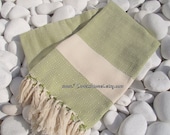 High Quality Hand-Woven Turkish Cotton Bath,Beach,Pool,Spa,Yoga,Travel Towel or Sarong-Peridot,Lime Green and Natural Cream,Ivory