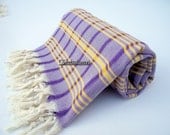 High Quality Hand Woven Turkish Cotton Bath,Beach,Pool,Spa,Yoga,Travel Towel or Sarong-Yellow Stripes on Purple Checked
