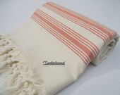 High Quality Hand Woven Turkish Cotton Soft, Bath,Beach,Spa,Pool,Yoga,Travel Towel or Sarong-Terra Cotta,Peach Stripes on Natural Cream