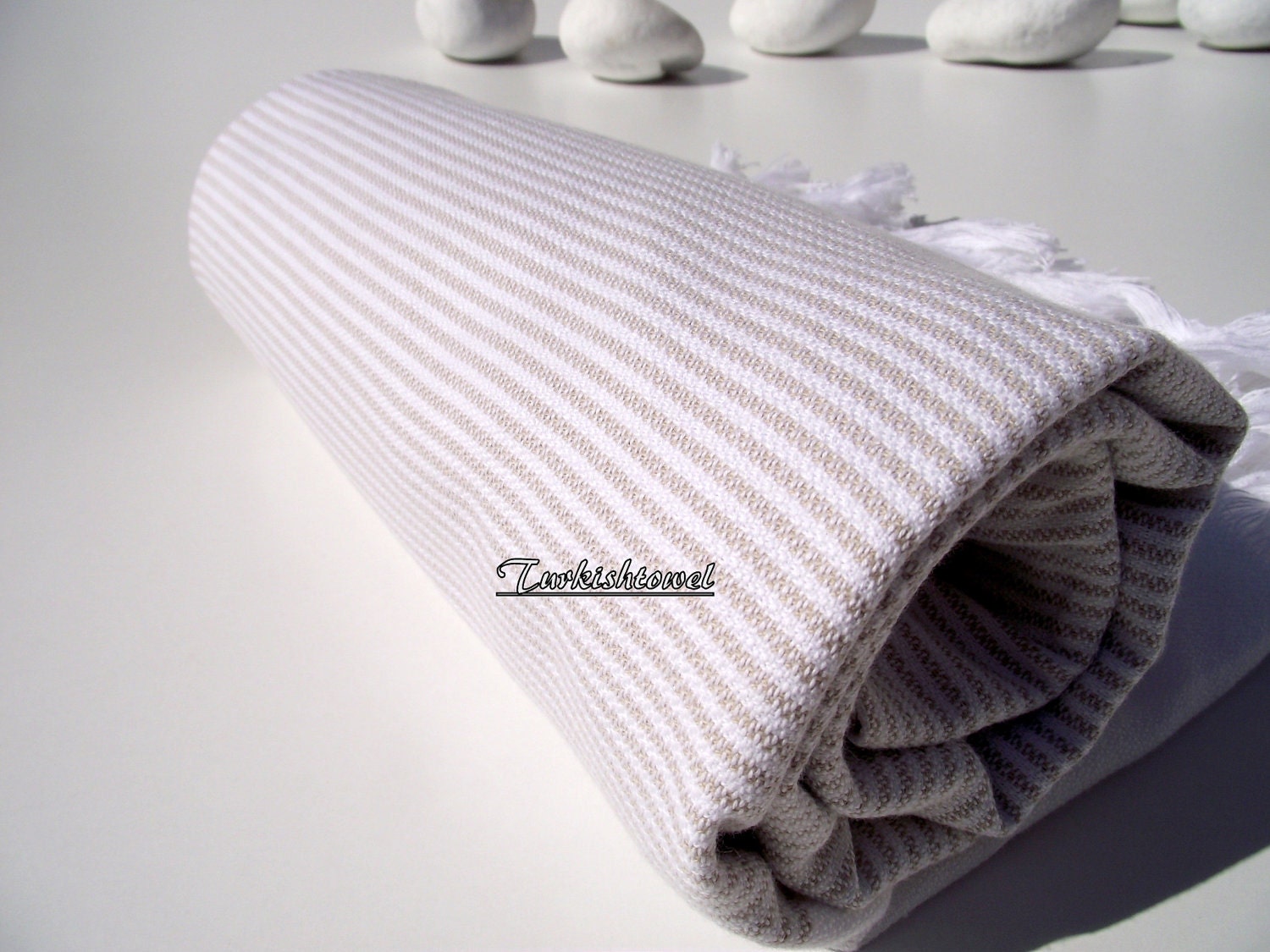 Turkishtowel-High Quality,Turkish Cotton,Bath,Beach,Spa,YogaTowel or Sarong-Peshtemal-Begie,Cream Stripes on White