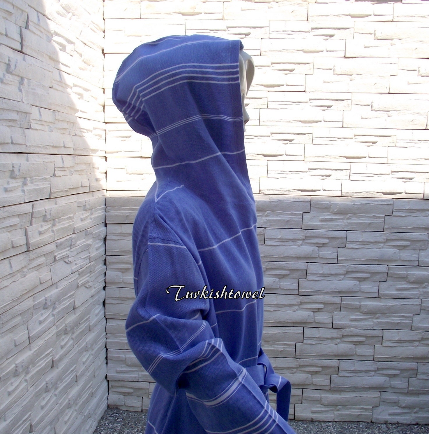 Turkishtowel-BATH ROBE-Traditional Turkish-High Quality,Hand Woven,Pure Cotton,Bath,Spa,Yoga,Travel From Peshtemal-White Stripes on Blue