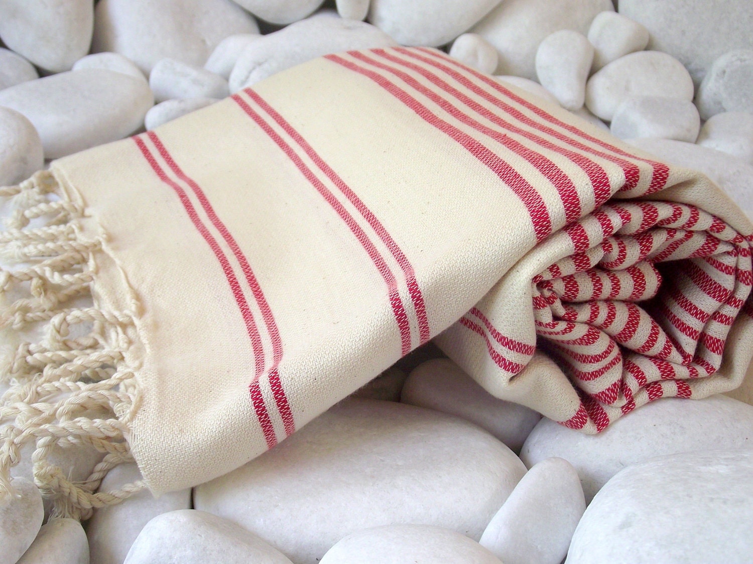 Best Quality,Hand Woven Turkish Cotton Bath Towel or Sarong-Coral,Red Stripes on Natural Cream