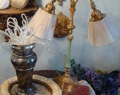 Antique French Enamel Painted Gooseneck Lamp with Original Silk Shades