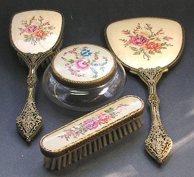 Petit Point Embroidered and Brass Dresser Set