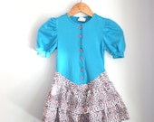 80s Vintage BLUE LEOPARD Print Ruffled Girls Dress...size 7 kids.........girls dress. 80s kids. retro. animal print. children. blue. pink.