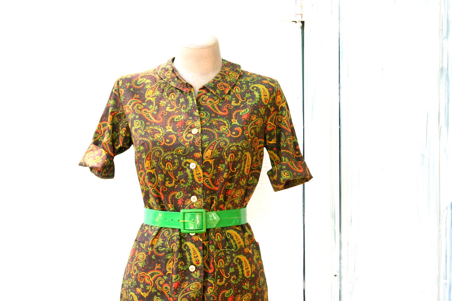 50s 60s MOD AUTUMN Print Swirl Day Dress....size medium....groovy. frock. retro. 50s dress. 60s dress. olive. mustard. day dress. mod