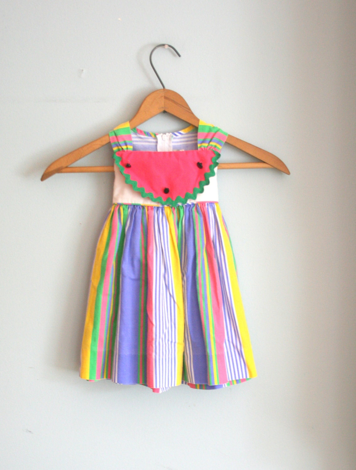 Vintage STRIPED WATERMELON Colorful Girls Dress....size 2 size 2T....girls. kids. children. summer dress. stripes. bubble gum pink